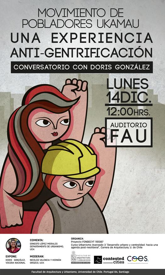 Afiche conversatorio "Movimiento de pobladores UKAMAU: una experiencia anti-gentrificación"